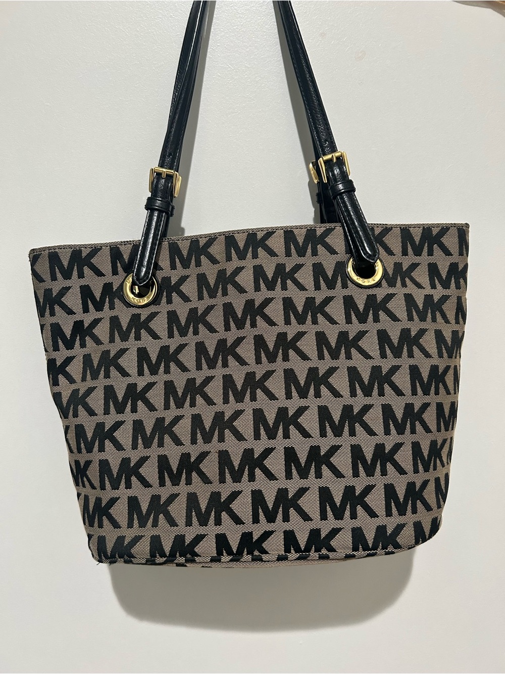 Michael Kors Brown MK Logo Tote with Black Straps and Gold Hardware